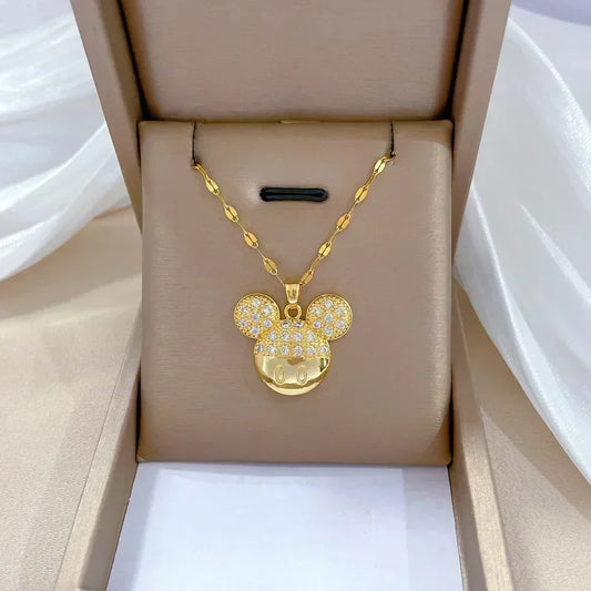 Cartoon Mickey & Minnie Mouse Zircon Necklace – Stainless Steel Chain Jewelry