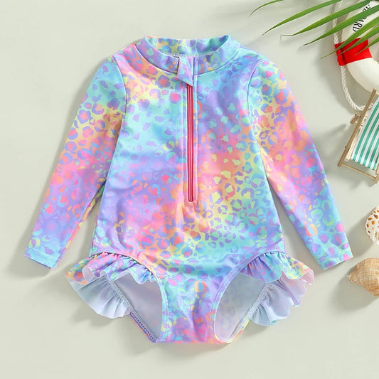 Baby Girl Fish Scale Print Swimsuit – 1-Piece Long Sleeve Floral Ruffle Bathing Suit