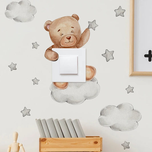Cartoon Cloud Switch Stickers – Bear, Giraffe & Elephant Wall Stickers for Kids’ Room