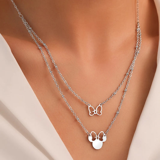 Stainless Steel Multilayer Necklace – Hollow Butterfly & Mickey Pendant