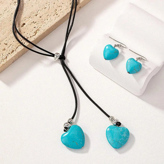 Obega Turquoise Stone Heart Pendant Necklace & Earring Set – Leather Jewelry Gift