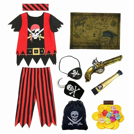 Kids Pirate Skull Dress-Up Costume – Printed Striped Top & Pants Set for Halloween & Cosplay
