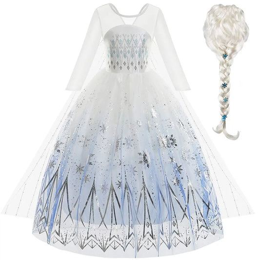 Disney Frozen Elsa White Princess Dress – Long Cosplay Costume for Girls (Halloween & Carnival Outfit)