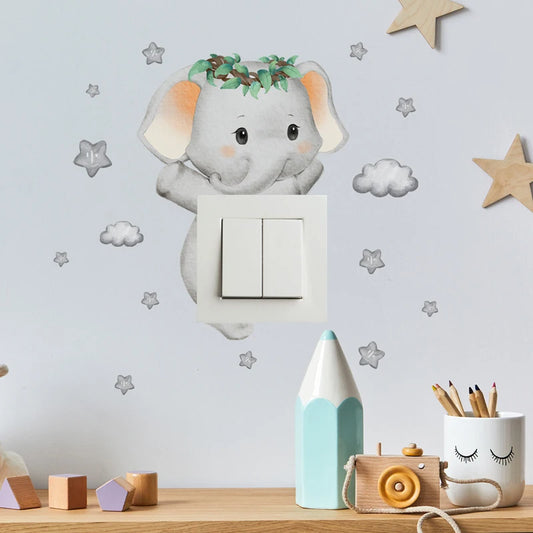 Cartoon Cloud Switch Stickers – Bear, Giraffe & Elephant Wall Stickers for Kids’ Room