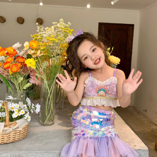 3–8T Summer Sequin Dress Set for Girls – Mermaid Print Top & Skirt 2pcs Outfit