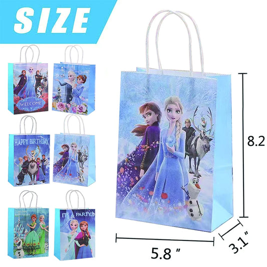 12pcs Frozen Party Gift Bags – Princess Themed Kraft Paper Favor Bags with Handles