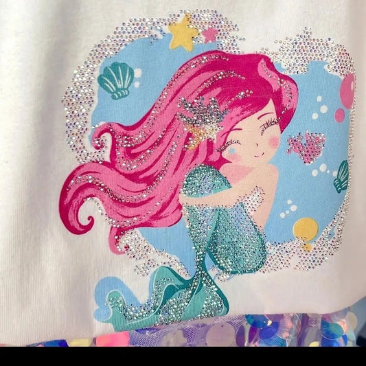 3–8T Summer Sequin Dress Set for Girls – Mermaid Print Top & Skirt 2pcs Outfit