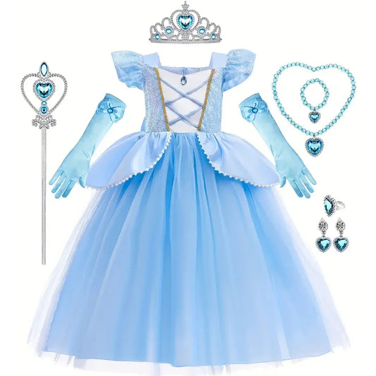 Cinderella Princess Costume – Sequined Ball Gown with Crown & Gloves for Girls