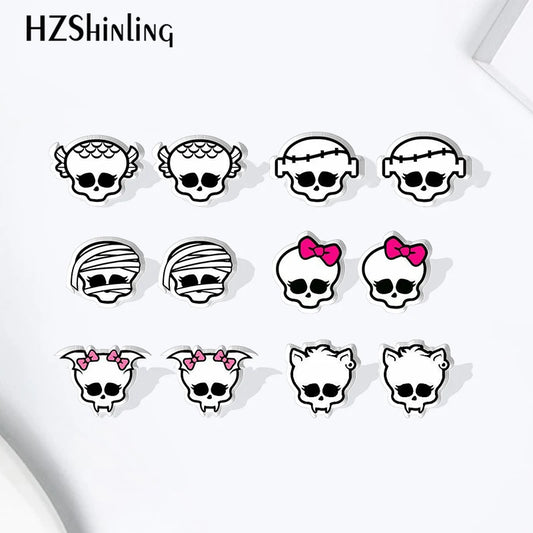 2024 Halloween Skull Acrylic Resin Stud Earrings – Handmade Jewelry