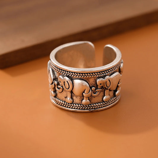 Retro Animal Elephant Group Ring – 925 Sterling Silver Ethnic Style Jewelry