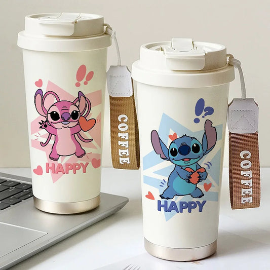 600ML Kawaii Stitch Anime Straw Cup – 304 Stainless Steel Thermos