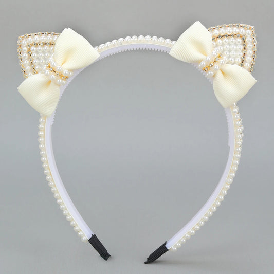 Elegant Cat Ear Pearl Hairband – Rhinestone Headband for Women & Girls