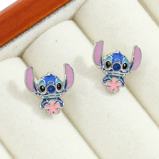 Disney Cute Cartoon Stitch with Flower Stud Earrings – Lovely Jewelry for Women & Girls