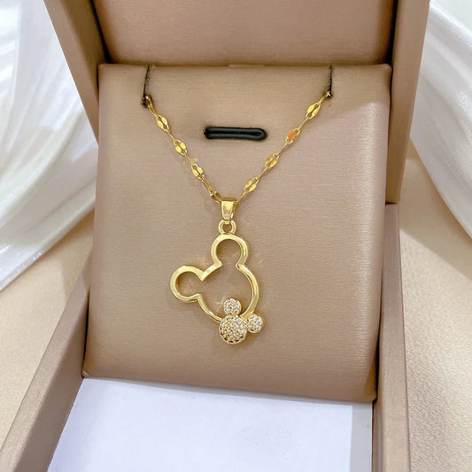 Cartoon Mickey Mouse Necklace – Stainless Steel Chain with Zircon Pendant