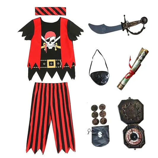 Kids Pirate Skull Dress-Up Costume – Printed Striped Top & Pants Set for Halloween & Cosplay
