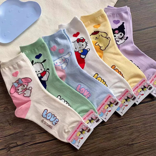 6Pcs/Set Sanrio Girls Cotton Socks – Cinnamoroll, My Melody, Kuromi Mid-Tube Socks