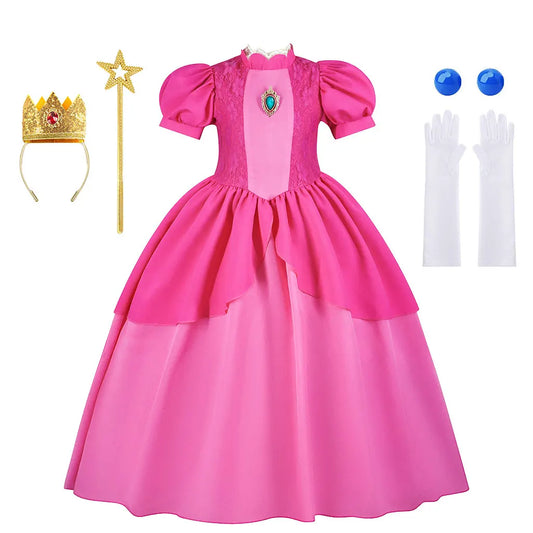 Disney Princess Peach Cosplay Dress – Elegant Role Play Costume for Girls (Ages 4–10)