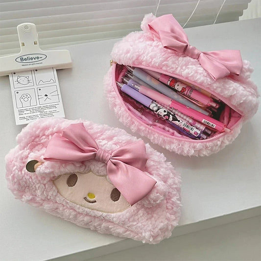 Sanrio Melody & Cinnamoroll Plush Pencil Case – Pink Heart-Shaped, Large Capacity
