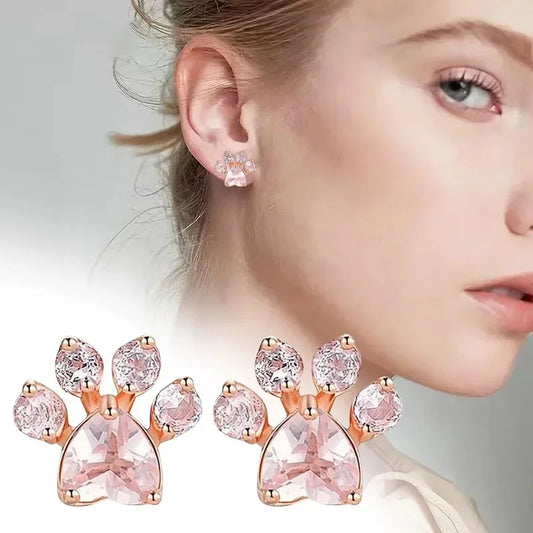Creative Footprint Pink Crystal Stud Earrings – Women’s Cat Claw Design