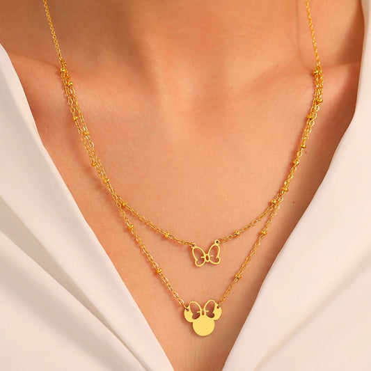 Stainless Steel Multilayer Necklace – Hollow Butterfly & Mickey Pendant