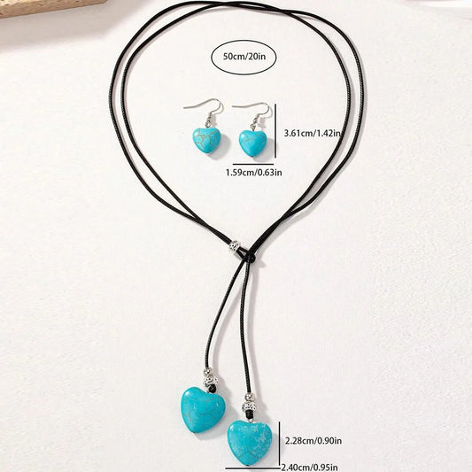 Obega Turquoise Stone Heart Pendant Necklace & Earring Set – Leather Jewelry Gift