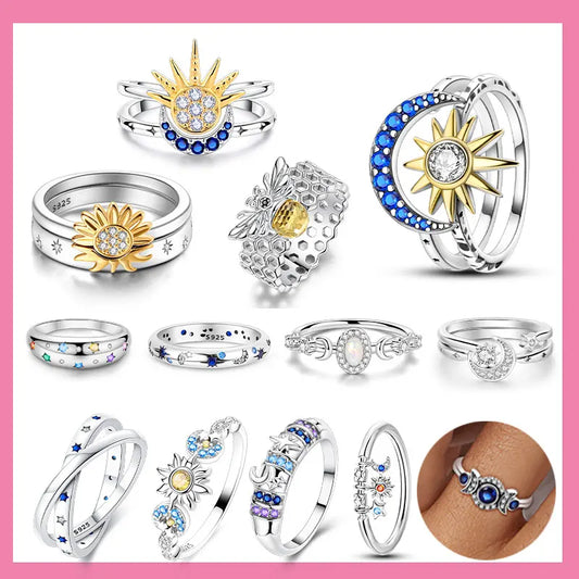 925 Sterling Silver Stars, Moon & Shining Sun Geometry Ring – Infinite Combination Design