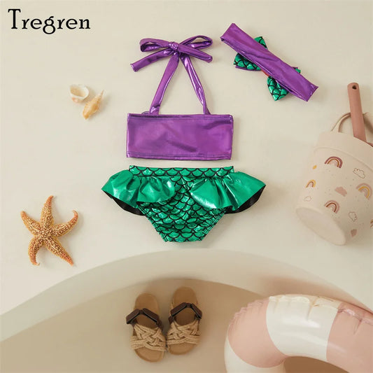 Tregren Toddler Kids Girl Mermaid Bikini Set – Summer Beachwear with Headband