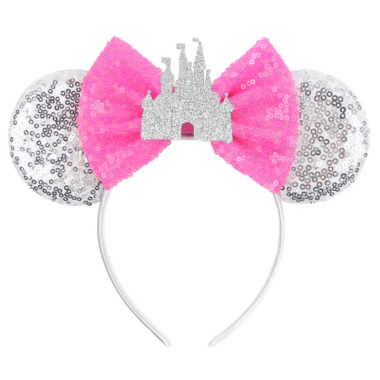 2023 Shiny Castle Mouse Ears Headband – Sequin Crown & 5-Inch Bow Hairband for Girls
