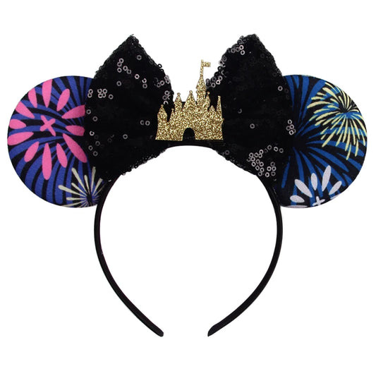 2023 Shiny Castle Mouse Ears Headband – Sequin Crown & 5-Inch Bow Hairband for Girls