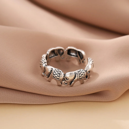 Minimalist Retro Thai Silver Elephant Group Ring – 925 Sterling Silver Jewelry
