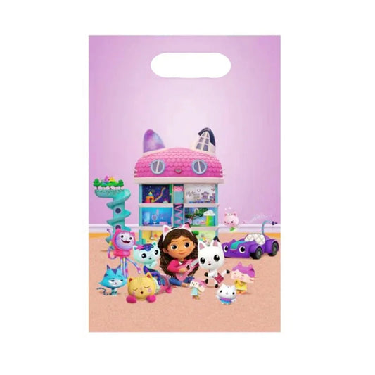 10/50pcs Gabby’s Dollhouse Cats Theme Plastic Gift Bags – Candy Loot Bags with Handles