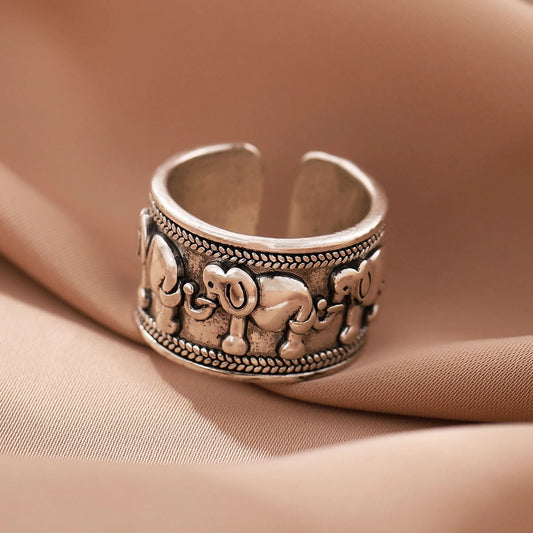 Retro Animal Elephant Group Ring – 925 Sterling Silver Ethnic Style Jewelry
