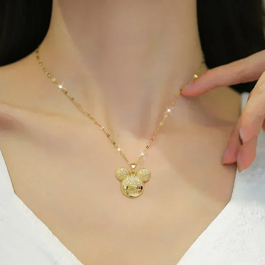 Cartoon Mickey & Minnie Mouse Zircon Necklace – Stainless Steel Chain Jewelry