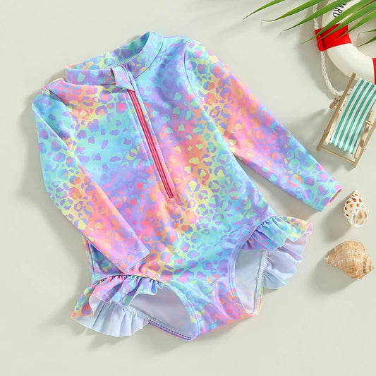 Baby Girl Fish Scale Print Swimsuit – 1-Piece Long Sleeve Floral Ruffle Bathing Suit