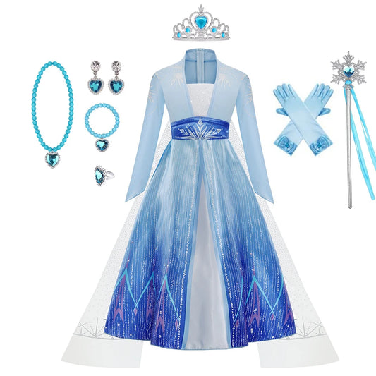 Elsa Long Sleeve Princess Dress – Blue Frozen Costume for Girls
