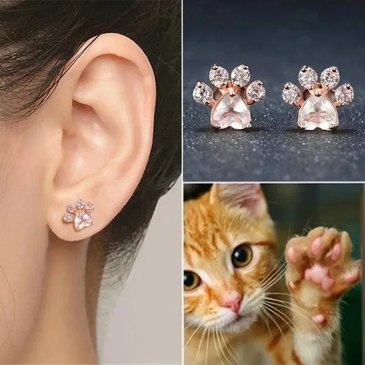 Creative Footprint Pink Crystal Stud Earrings – Women’s Cat Claw Design
